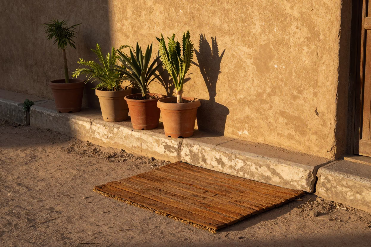 Cairo Egypt Street Scene Honeyed Evening Light Houseplants and Doormat in in Cairo, Egypt