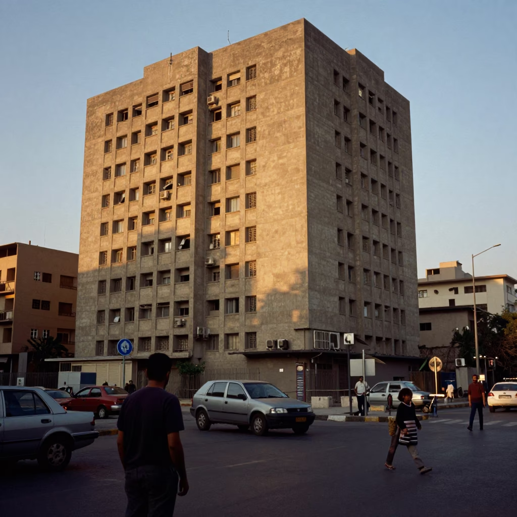 Cairo Egypt Street Scene Honeyed Evening Light with Brutalist Concrete University Tower in in Cairo, Egypt