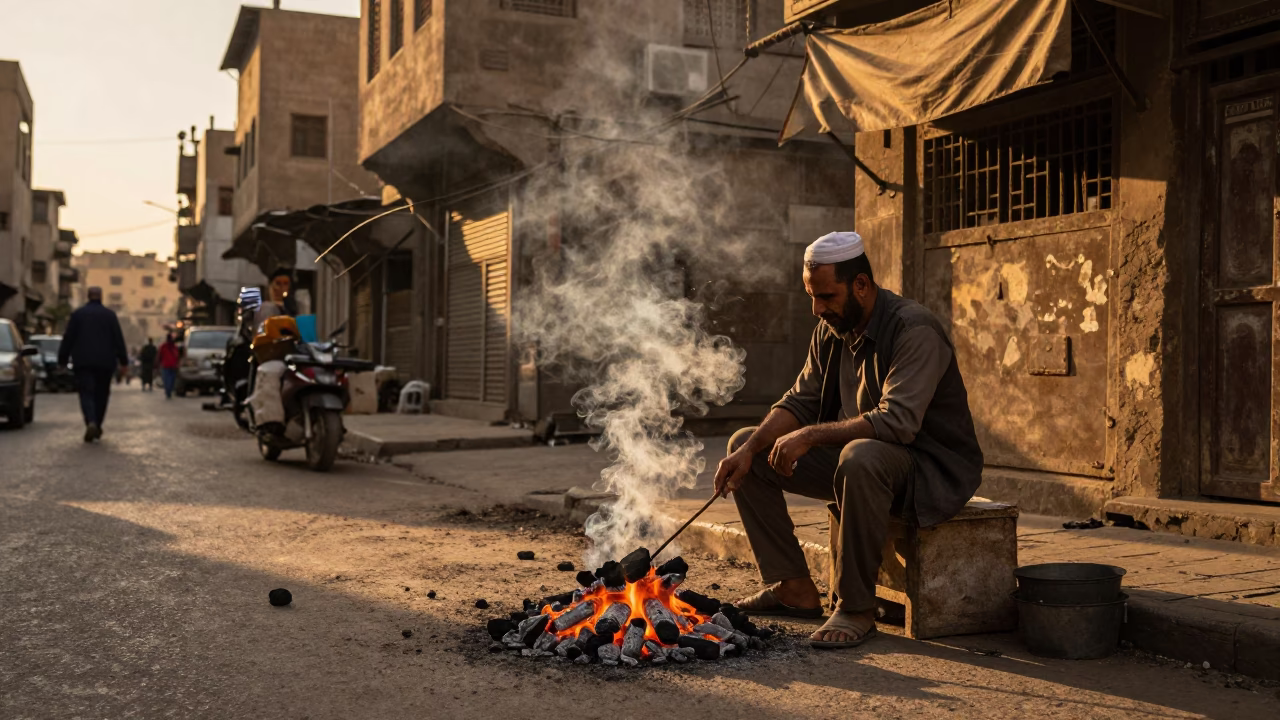Cairo Egypt Street Scene Honeyed Evening Light with Cart Vendor and Charcoal Stick in in Cairo, Egypt