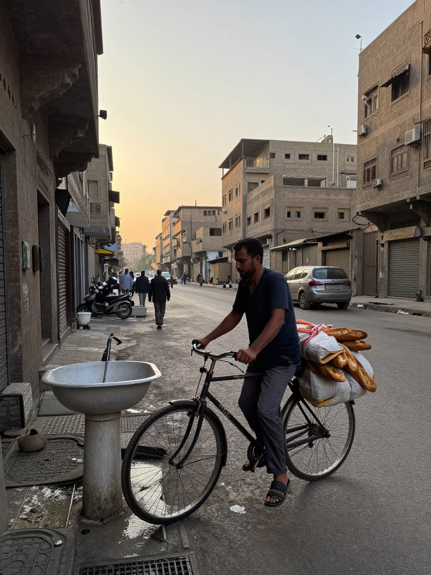 Cairo Egypt street scene just after sunrise with bicycle and wash basin in in Cairo, Egypt