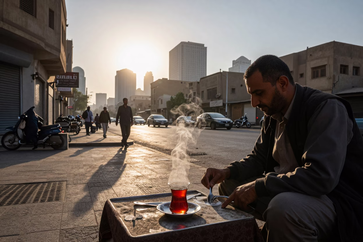 Cairo Egypt Street Scene Just After Sunrise with Tea and Cutlery in in Cairo, Egypt