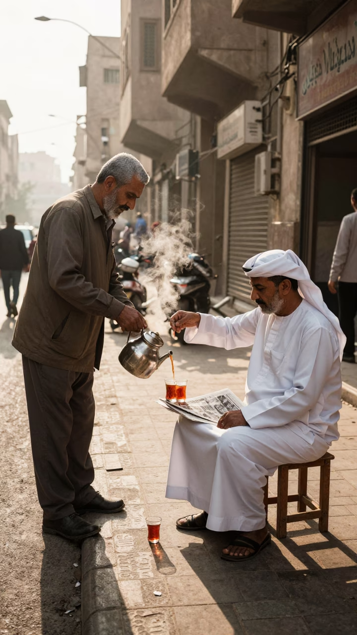 Cairo Egypt Street Scene Just After Sunrise with Tea and Newspaper in in Cairo, Egypt