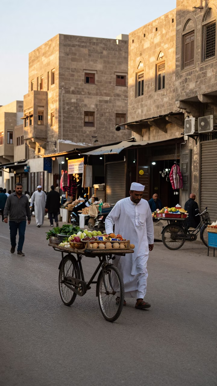 Cairo Egypt street scene just after sunrise with vintage bicycle and traditional market activity in in Cairo, Egypt
