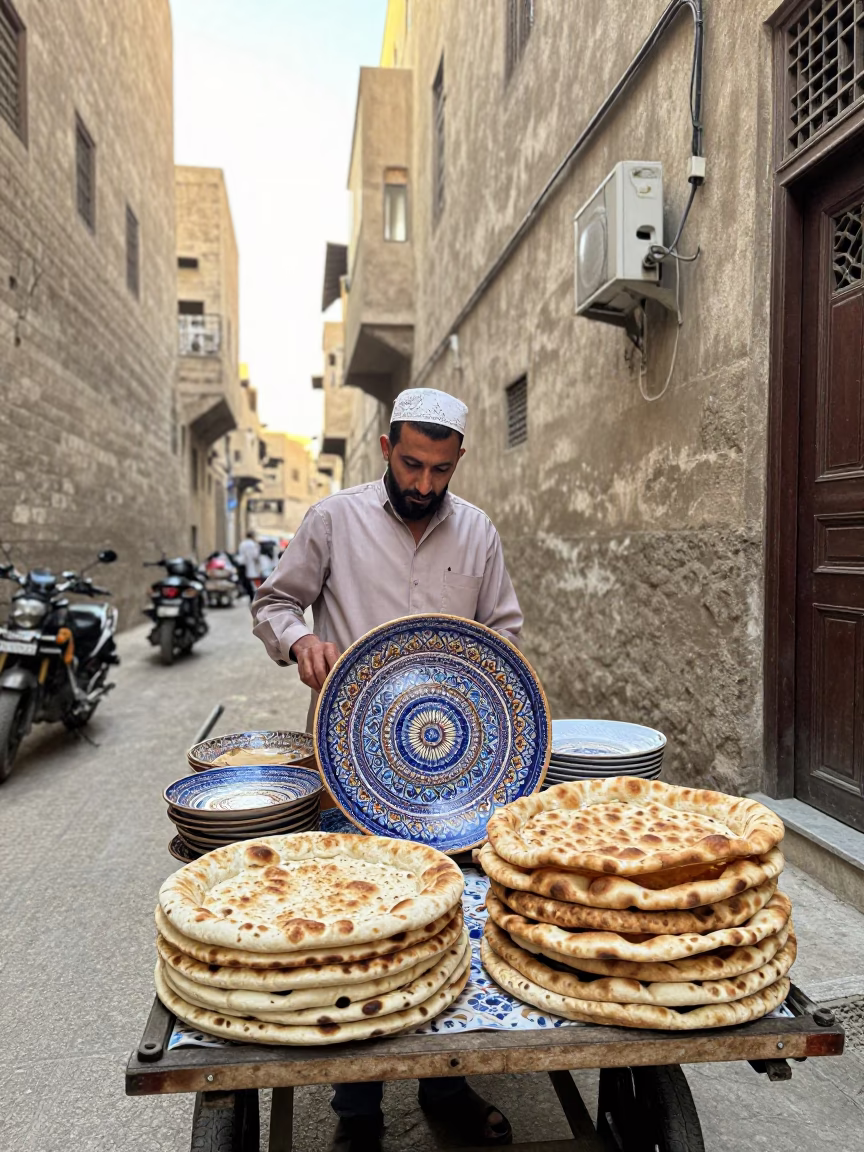 Cairo Egypt Street Scene Just After Sunrise With Vintage Italian Majolica Plate in in Cairo, Egypt