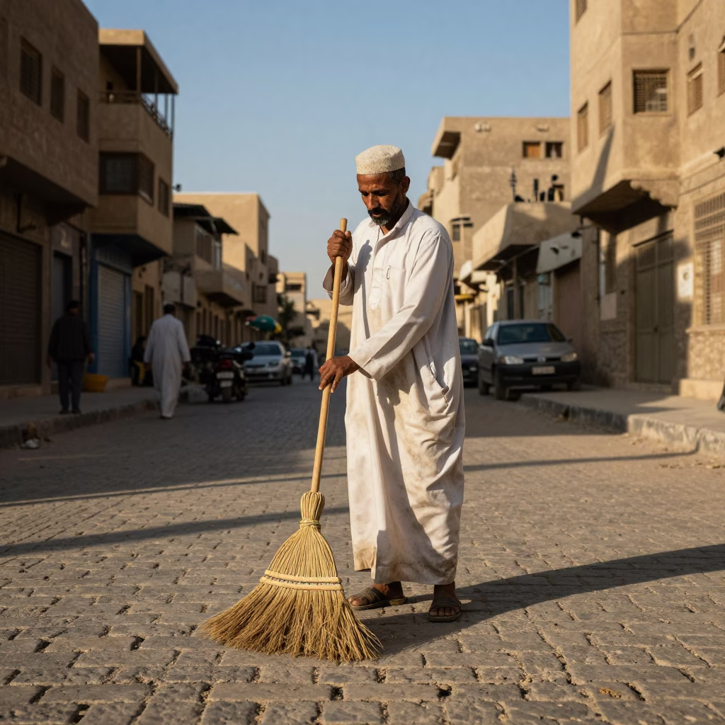 Cairo Egypt Street Scene Late Afternoon with Hand Broom and Dust on Bucket Lip in in Cairo, Egypt