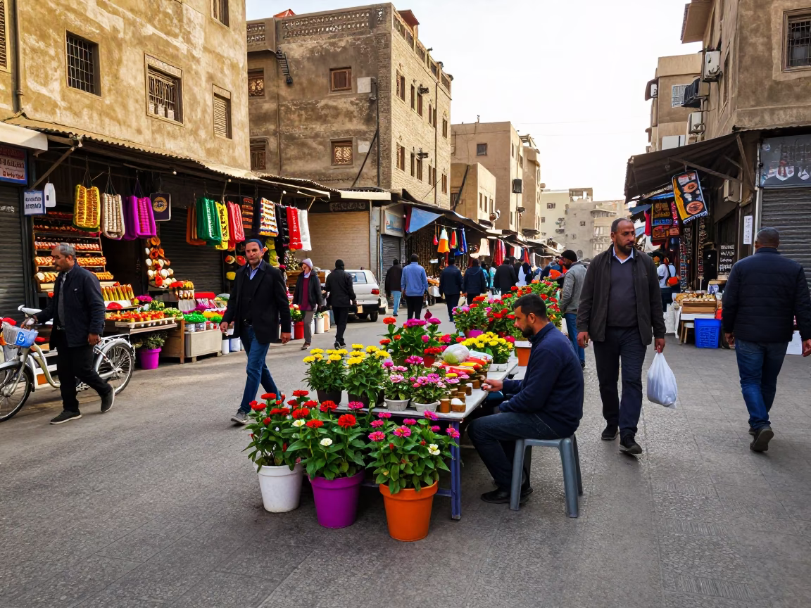 Cairo Egypt Street Scene Late Morning Colorful Market Stalls and Local Life in in Cairo, Egypt