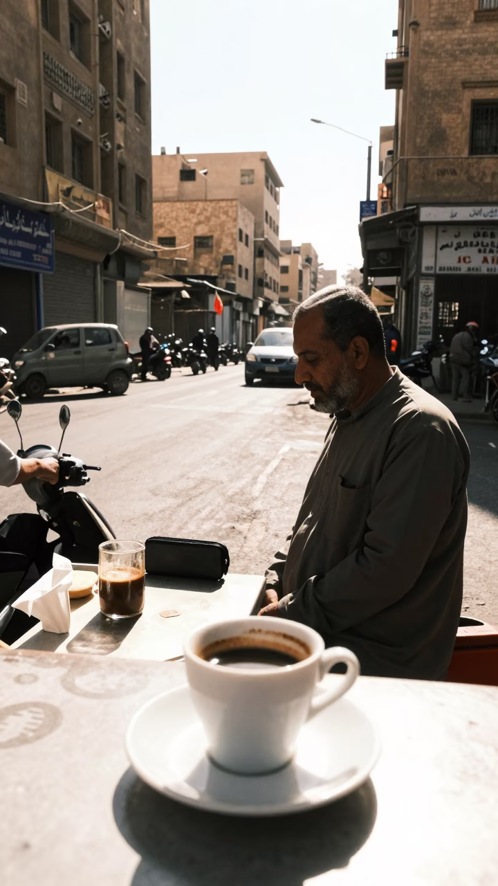 Cairo Egypt Street Scene Midmorning Light with Espresso Cup and Urban Details in in Cairo, Egypt