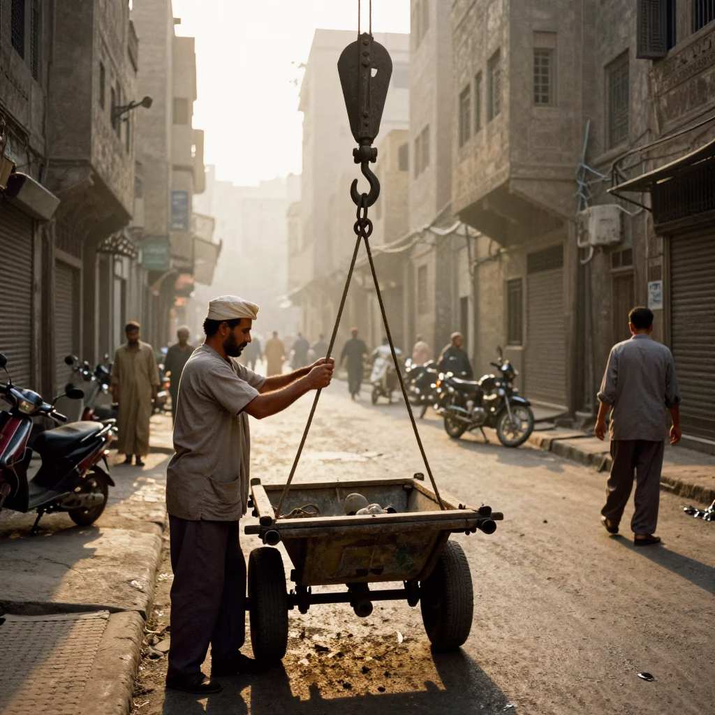Cairo Egypt Street Scene Morning Light with Worker and Traditional Tools in in Cairo, Egypt