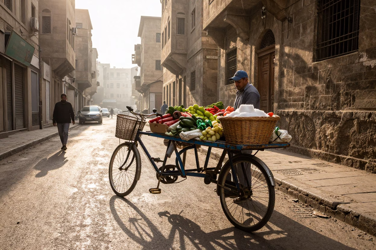 Cairo Egypt Street Scene Morning Sunlight Bicycle Basket and Sugar Jar in in Cairo, Egypt