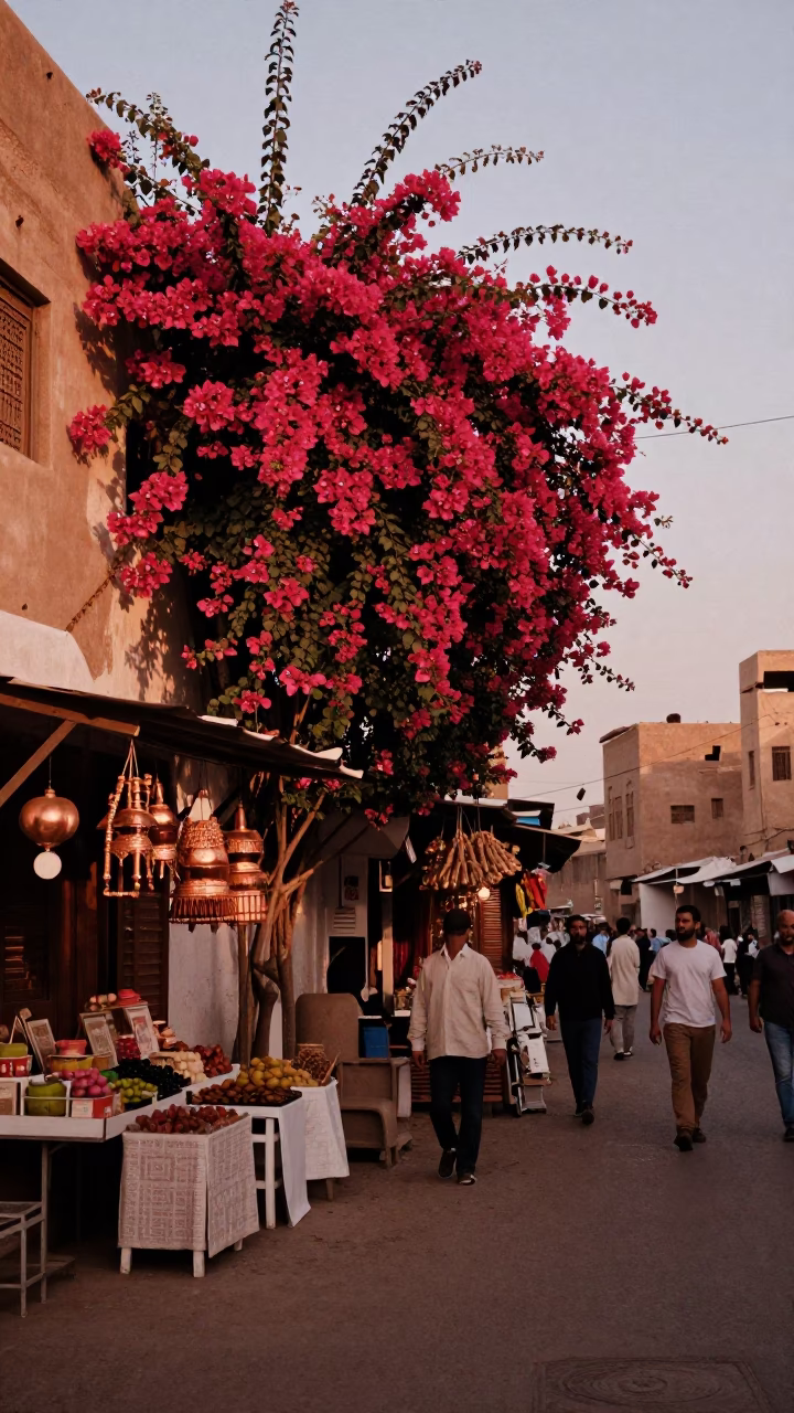Cairo Egypt Street Scene with Bougainvillea and Traditional Market Stalls Before Dusk in in Cairo, Egypt