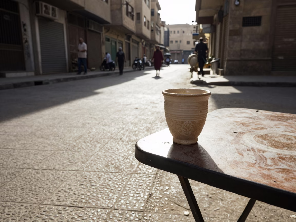 Cairo Egypt Street Scene with Ceramic Cup on Table Near Nile Docks in in Cairo, Egypt