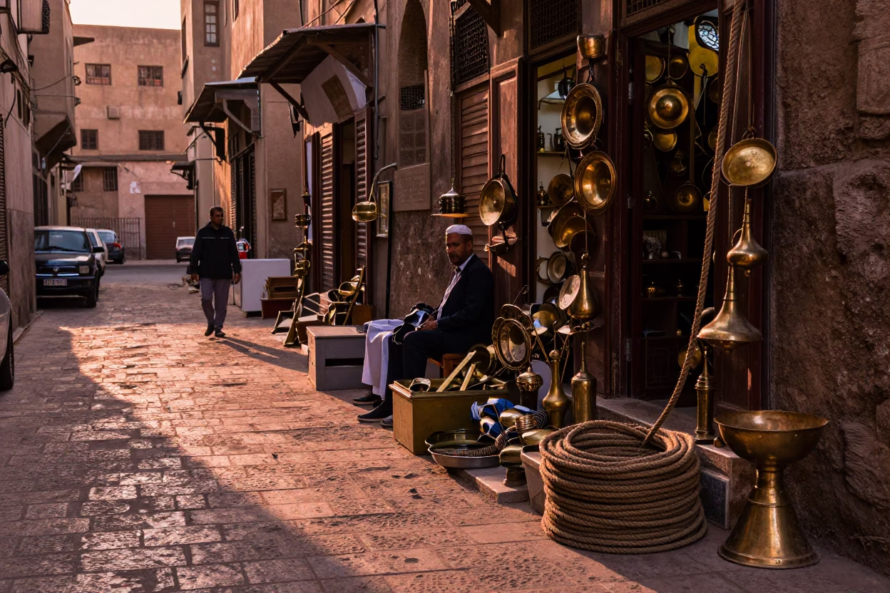 Cairo Egypt street scene with coiled rope and brass goods in copper dusk light in in Cairo, Egypt