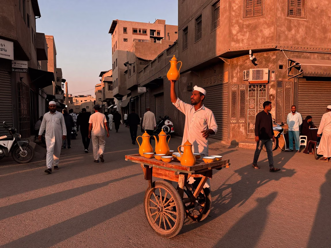 Cairo Egypt Street Scene with Enamel Pitcher and Wicker Shadows Before Dusk in in Cairo, Egypt
