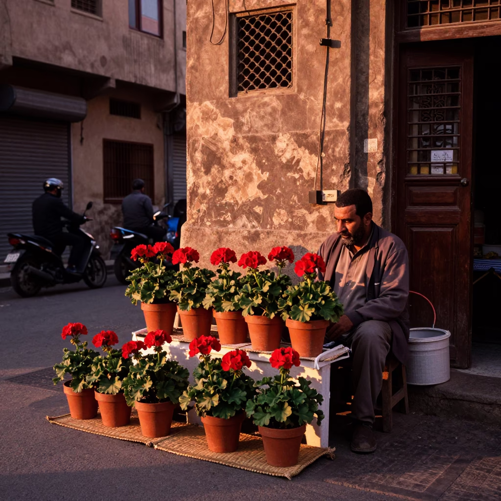 Cairo Egypt Street Scene with Geraniums and Woven Mats in Copper Dusk Light in in Cairo, Egypt