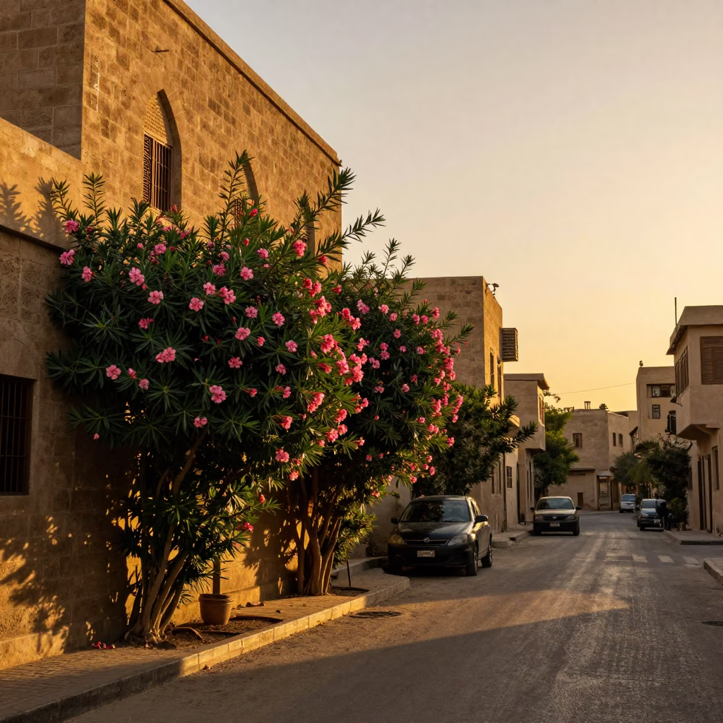 Cairo Egypt street scene with oleander hedge and traditional architecture at sunset in in Cairo, Egypt