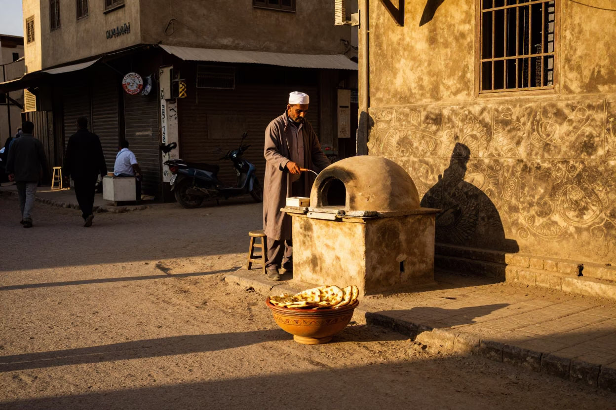 Cairo Egypt street scene with tandoori naan and ceramic bowl in honeyed evening light in in Cairo, Egypt