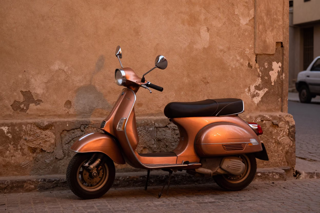 Cairo Egypt Street Scene with Vintage Vespa in Copper Dusk Light in in Cairo, Egypt