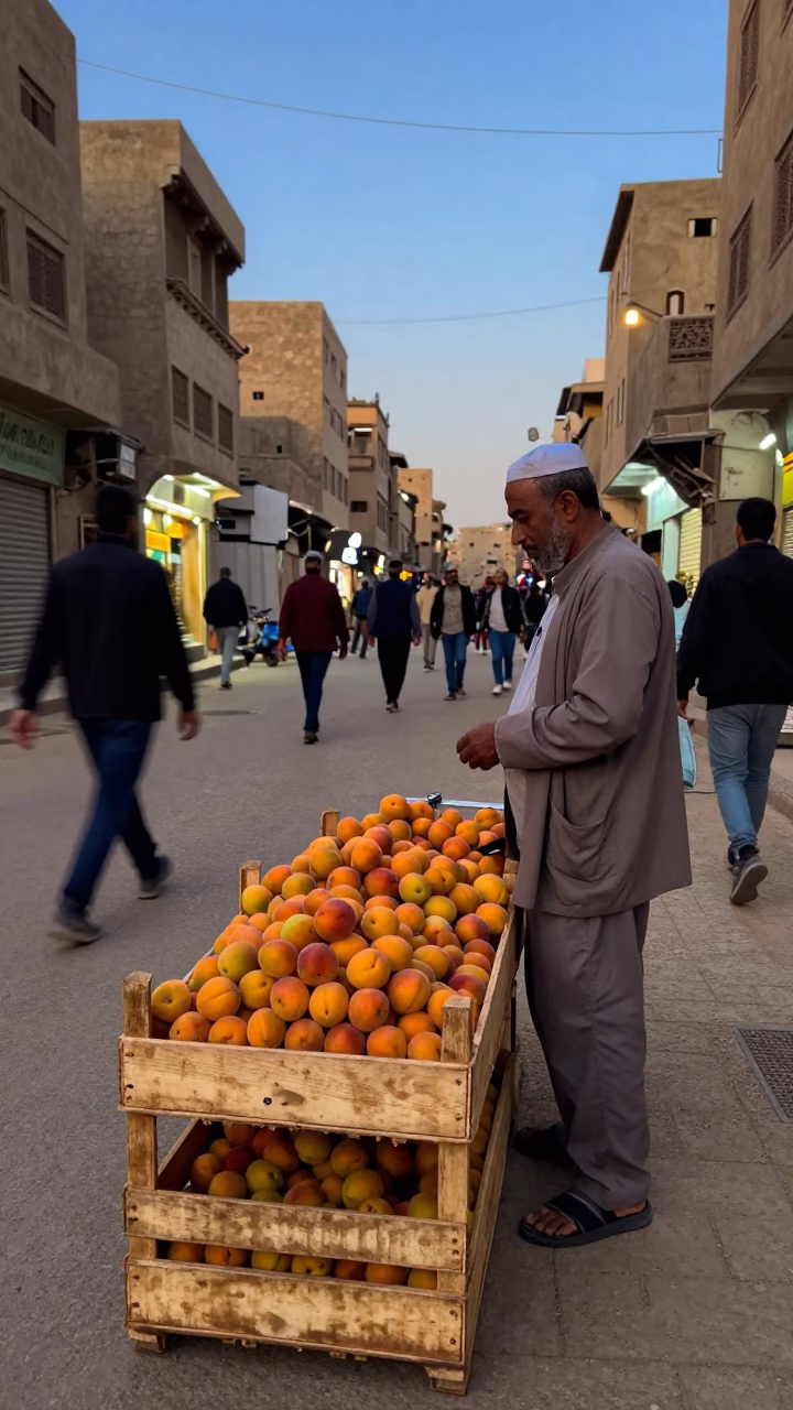 Cairo Egypt street vendor selling fresh apricots from wooden crate at blue hour in in Cairo, Egypt