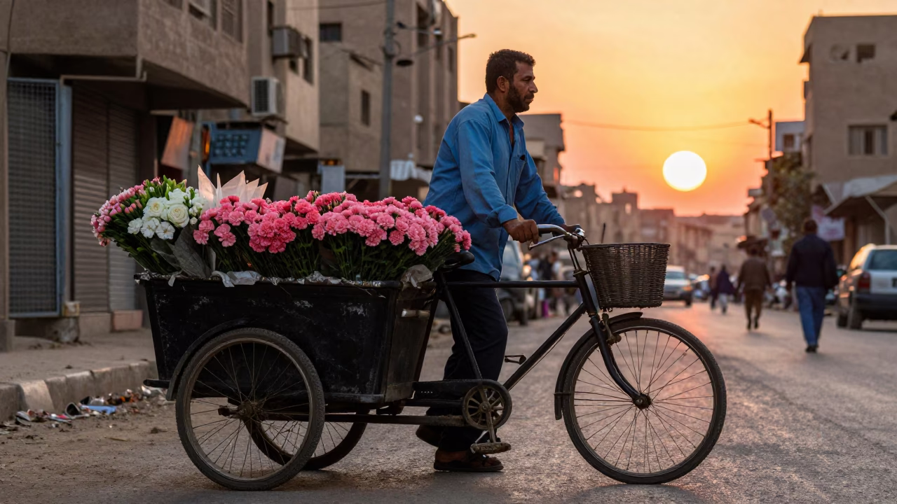 Cairo Egypt street vendor selling fresh flowers from cargo bicycle at sunset in in Cairo, Egypt