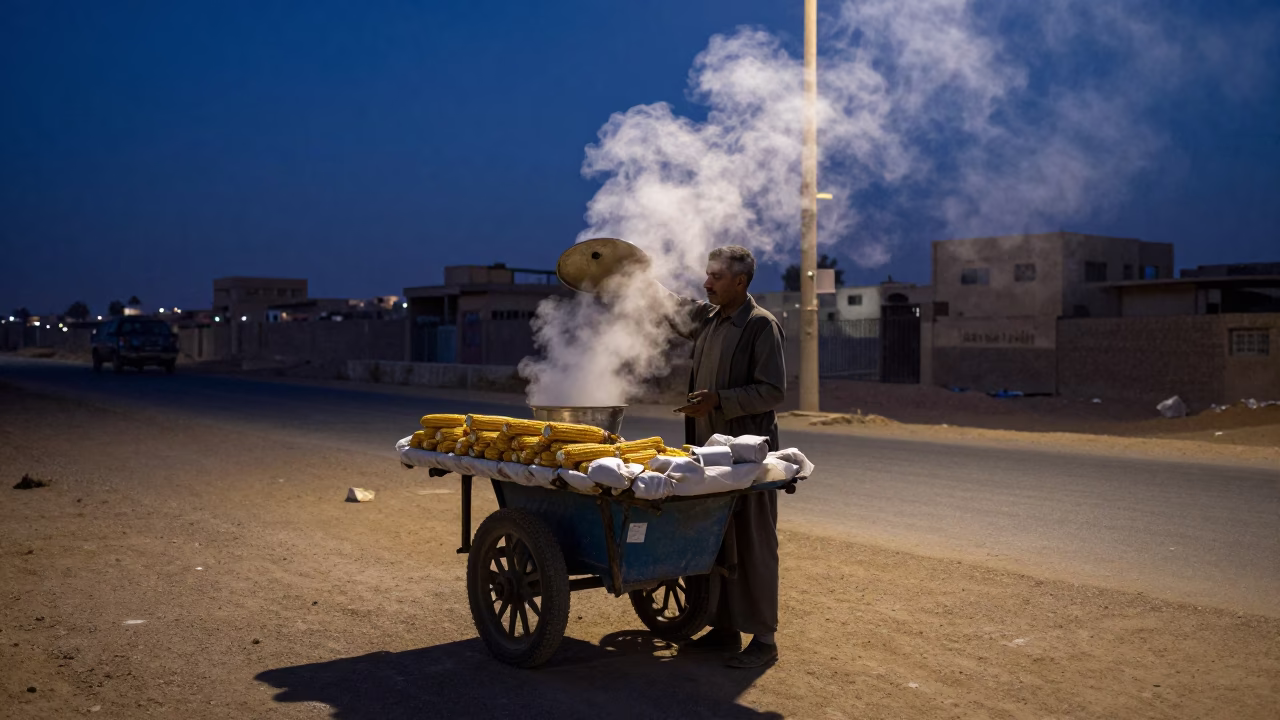 Cairo Egypt street vendor selling hot corn at nautical dawn with steam rising in in Cairo, Egypt