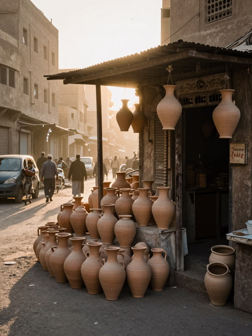 Cairo Egypt street vendor stall at dawn with clay jars and bustling morning activity in in Cairo, Egypt
