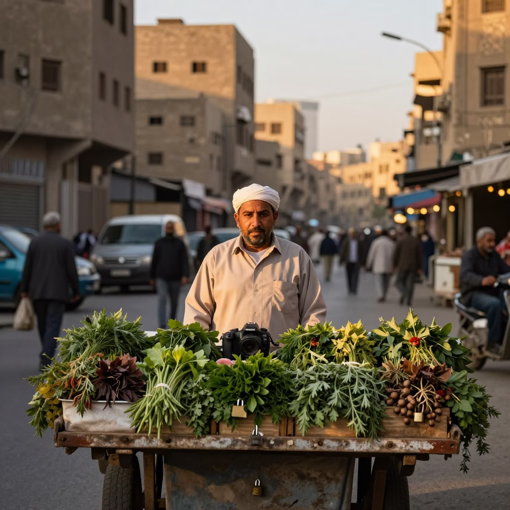 Cairo Egypt street vendor with herbs and padlock at golden hour before sunset in in Cairo, Egypt