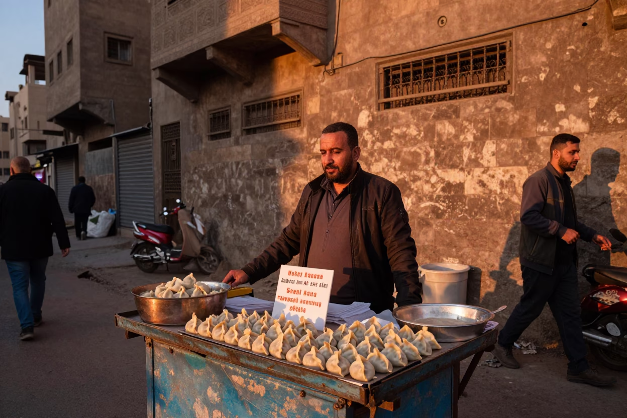 Cairo Egypt street vendor with recipe cards and mandu dumplings in copper dusk light in in Cairo, Egypt