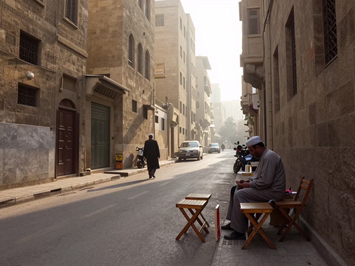 Cairo Egypt Sunrise Street Scene with Folding Stools and Traditional Archery Contest in in Cairo, Egypt