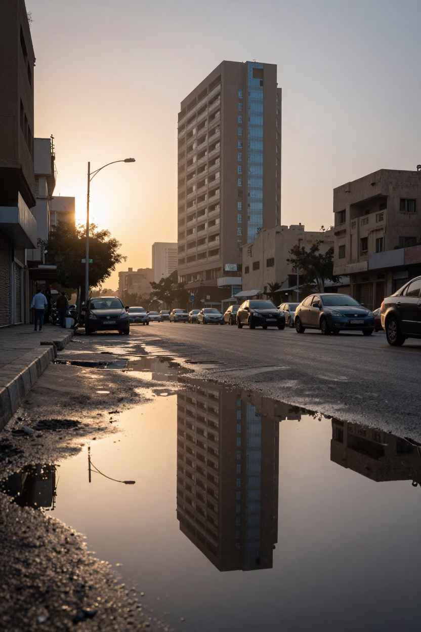 Cairo Egypt Sunrise Street Scene with Puddle Reflection of Hotel Windows and Tail Lights in in Cairo, Egypt
