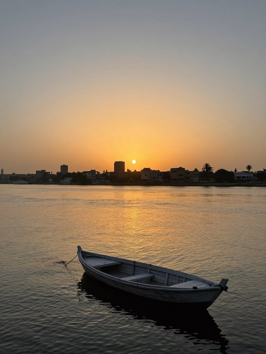 Cairo Egypt Sunset Landscape Street Scene with Nile River and Traditional Dhow Boats in in Cairo, Egypt