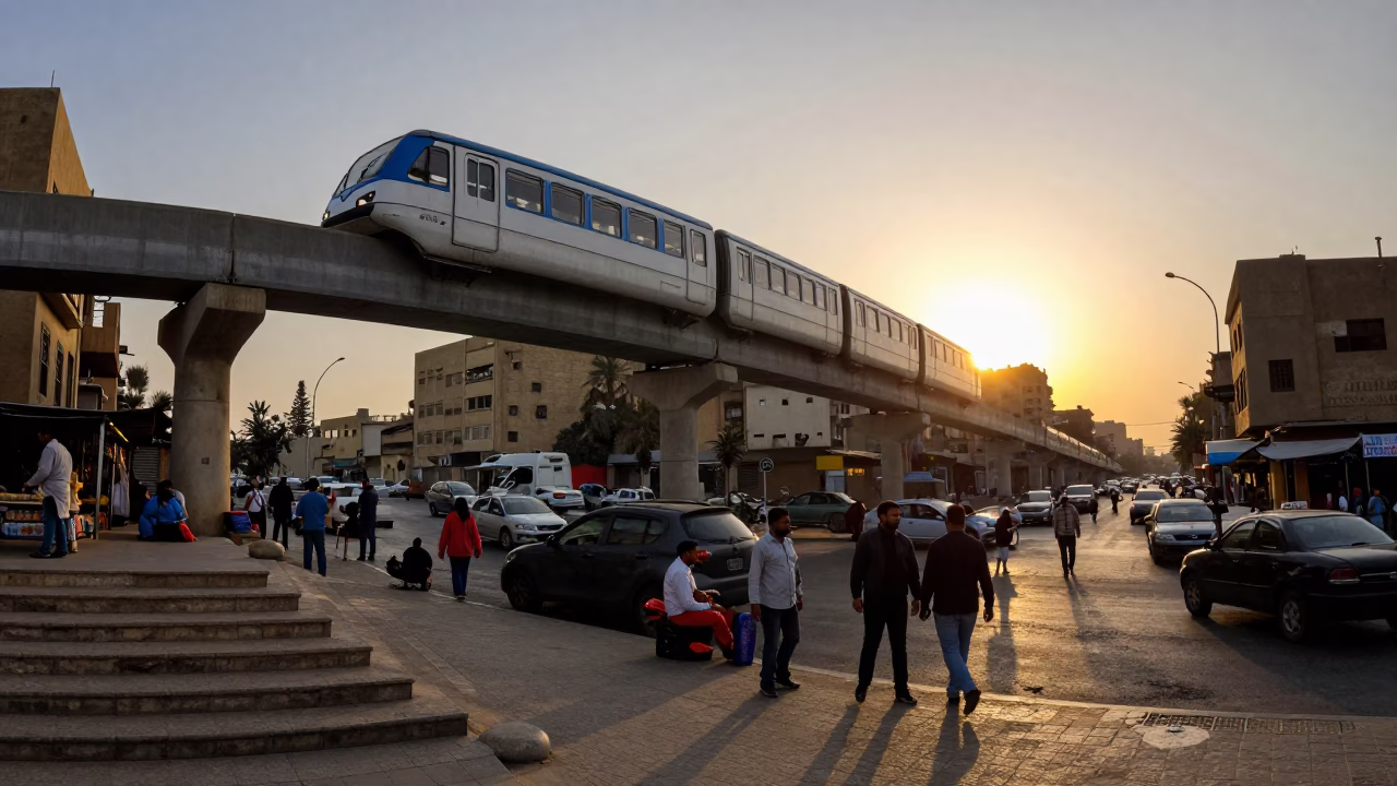 Cairo Egypt Sunset Monorail Over Busy Street Scene with Stair Rail in in Cairo, Egypt