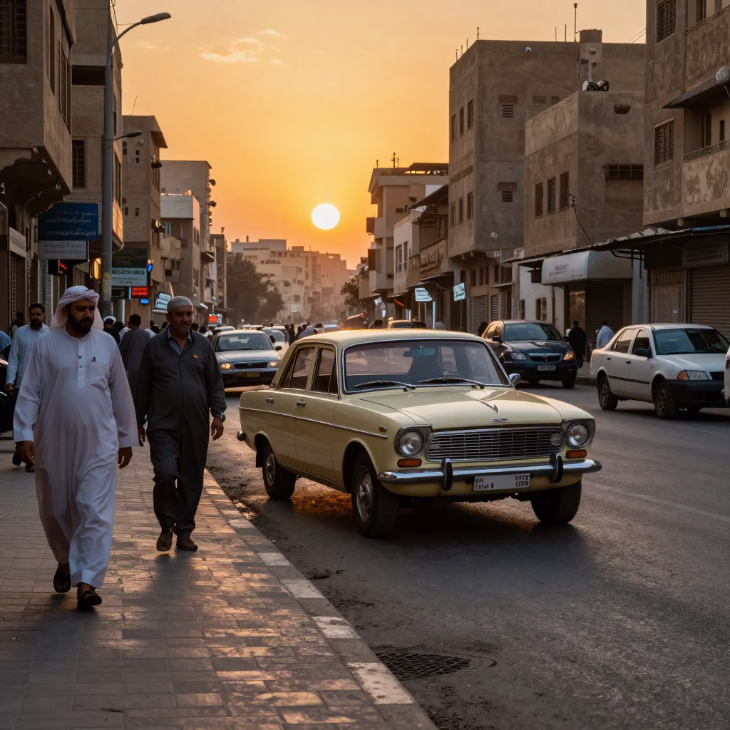 Cairo Egypt Sunset Street Scene Vintage Car and Local Life at Dusk in in Cairo, Egypt