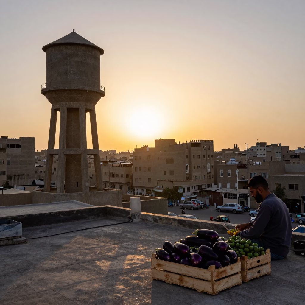 Cairo Egypt Sunset Street Scene Water Tower Rooftop and Fruit Stall in in Cairo, Egypt