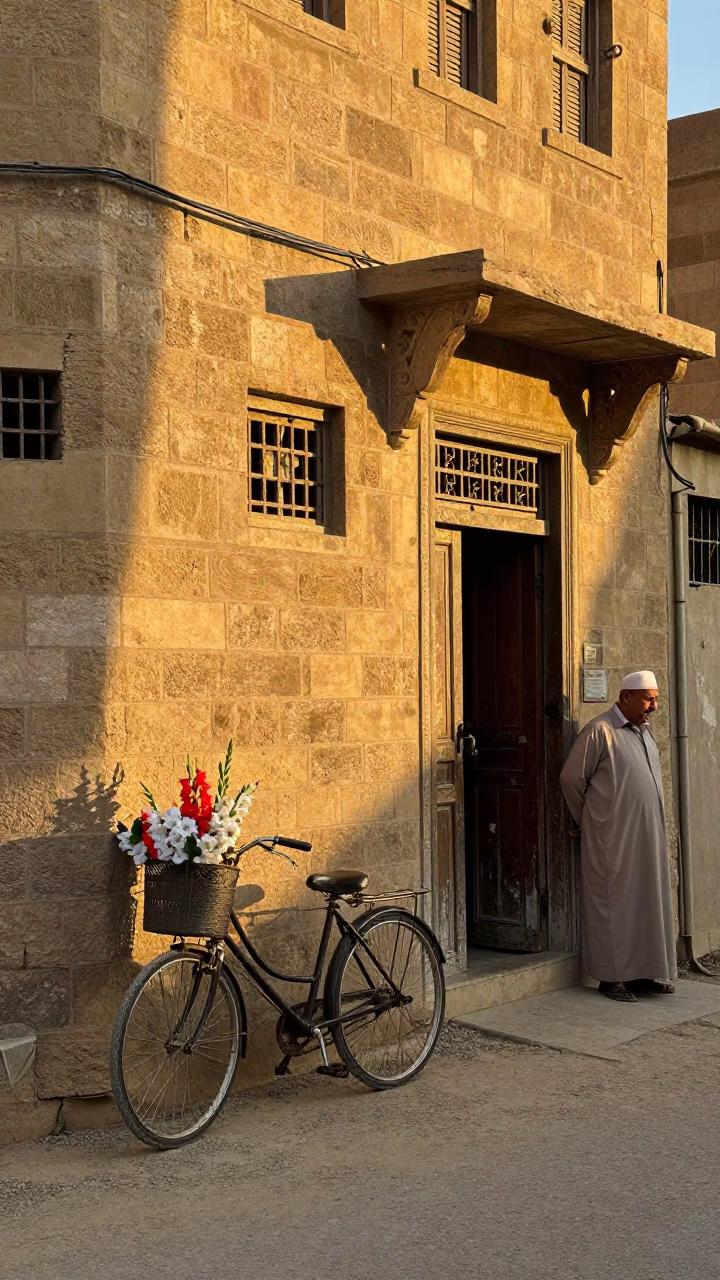 Cairo Egypt Sunset Street Scene with Bicycle Basket and Gladiolus in in Cairo, Egypt