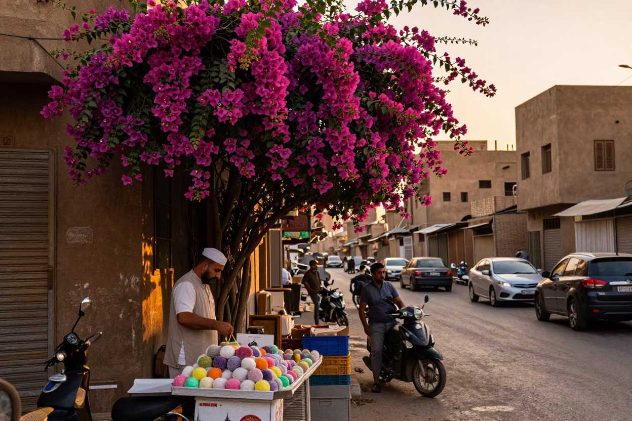 Cairo Egypt Sunset Street Scene with Bougainvillea and Local Life in in Cairo, Egypt