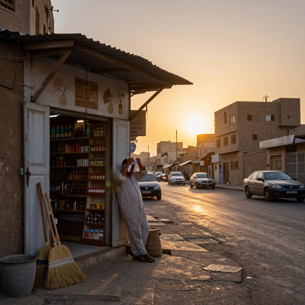 Cairo Egypt Sunset Street Scene with Brooms and Local Life in in Cairo, Egypt