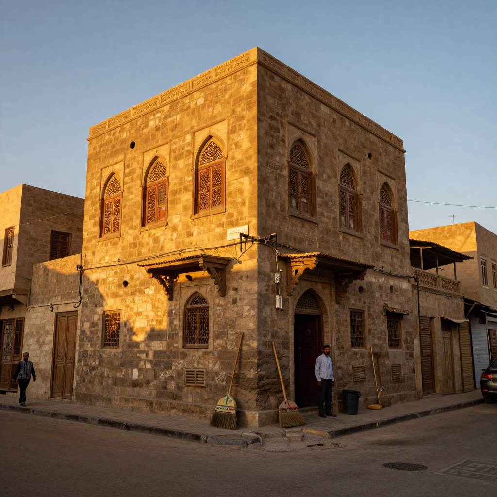 Cairo Egypt Sunset Street Scene with Brooms and Traditional Architecture in in Cairo, Egypt