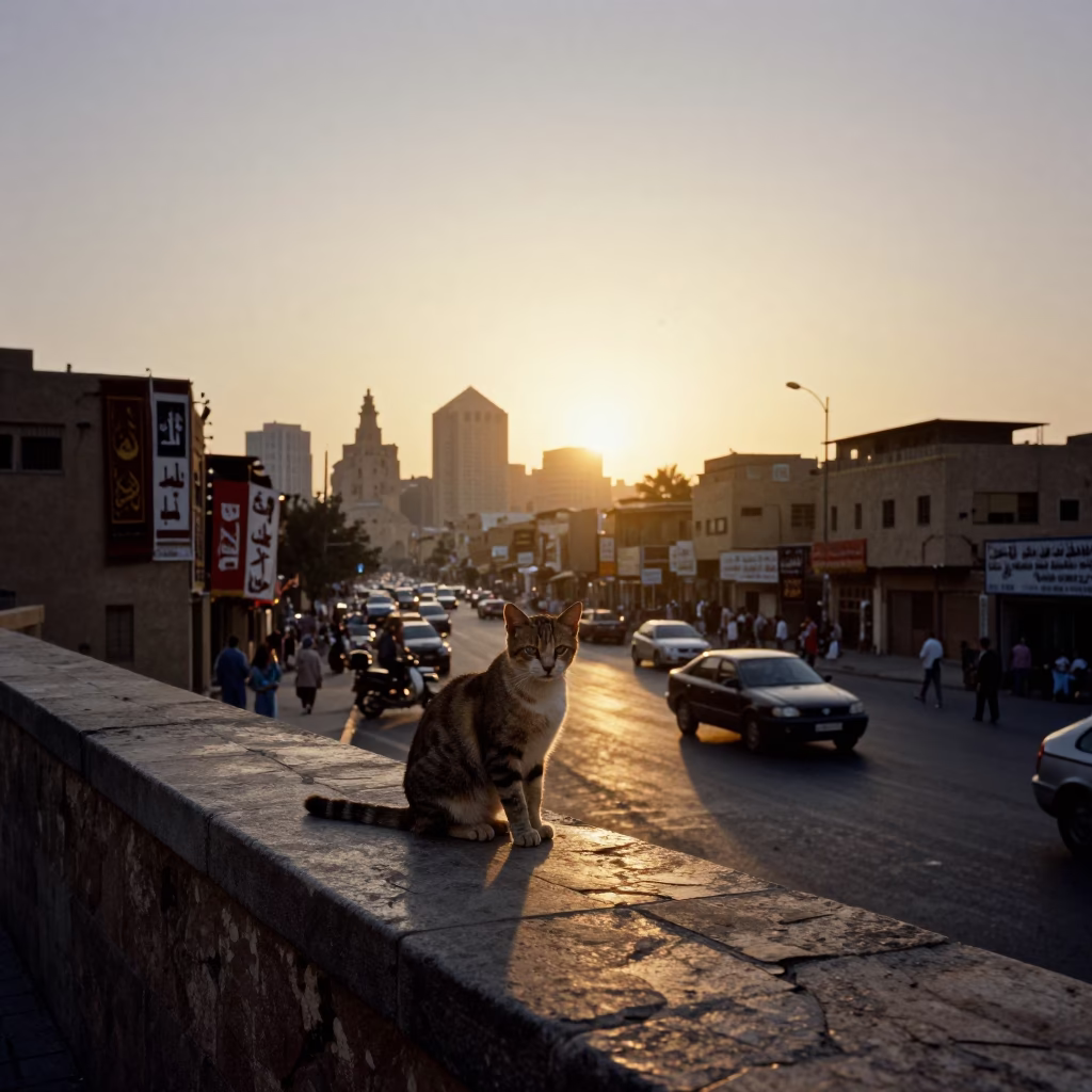 Cairo Egypt Sunset Street Scene with Cat and Traditional Banners in in Cairo, Egypt