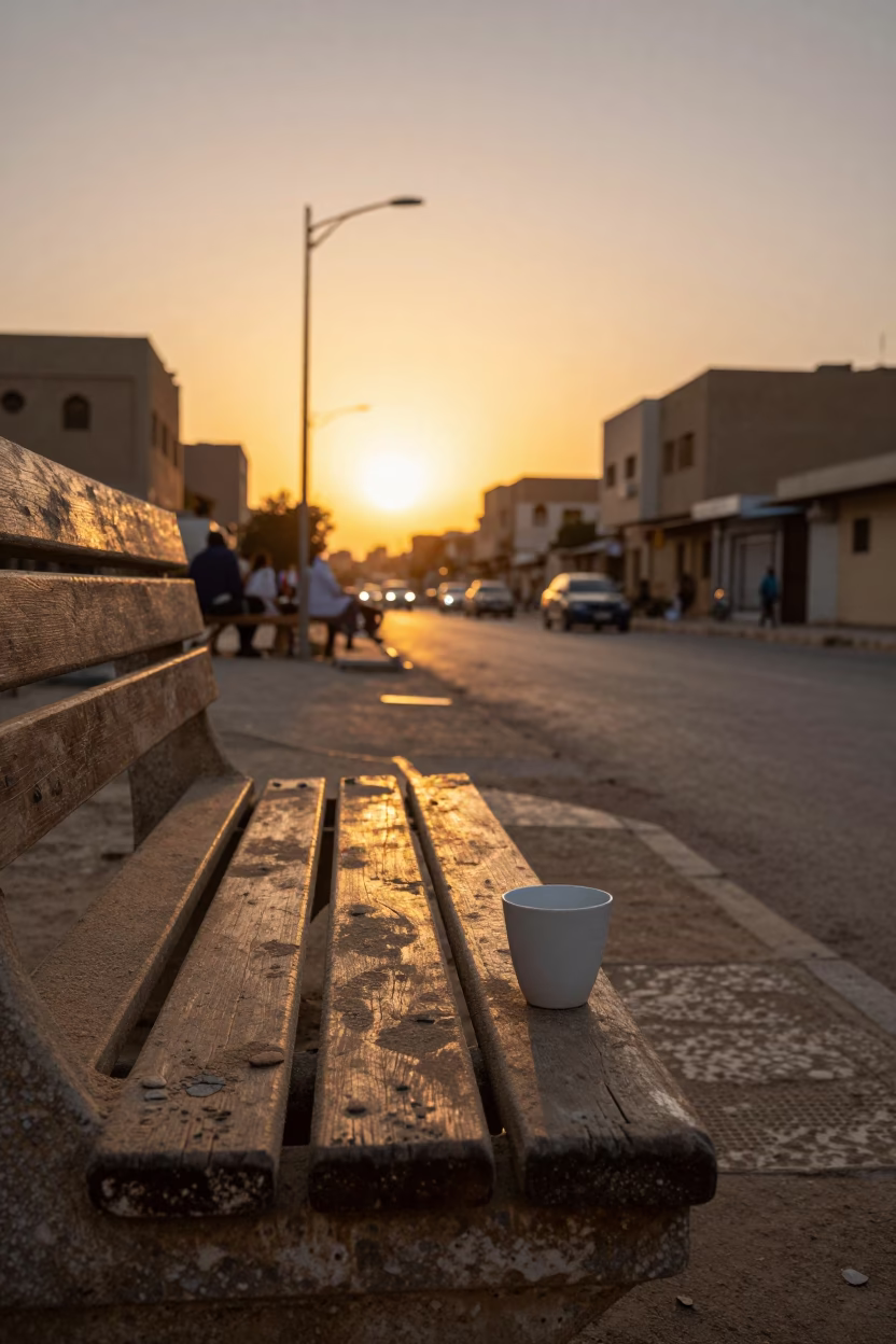 Cairo Egypt Sunset Street Scene with Dusty Bench and Local Cup in in Cairo, Egypt
