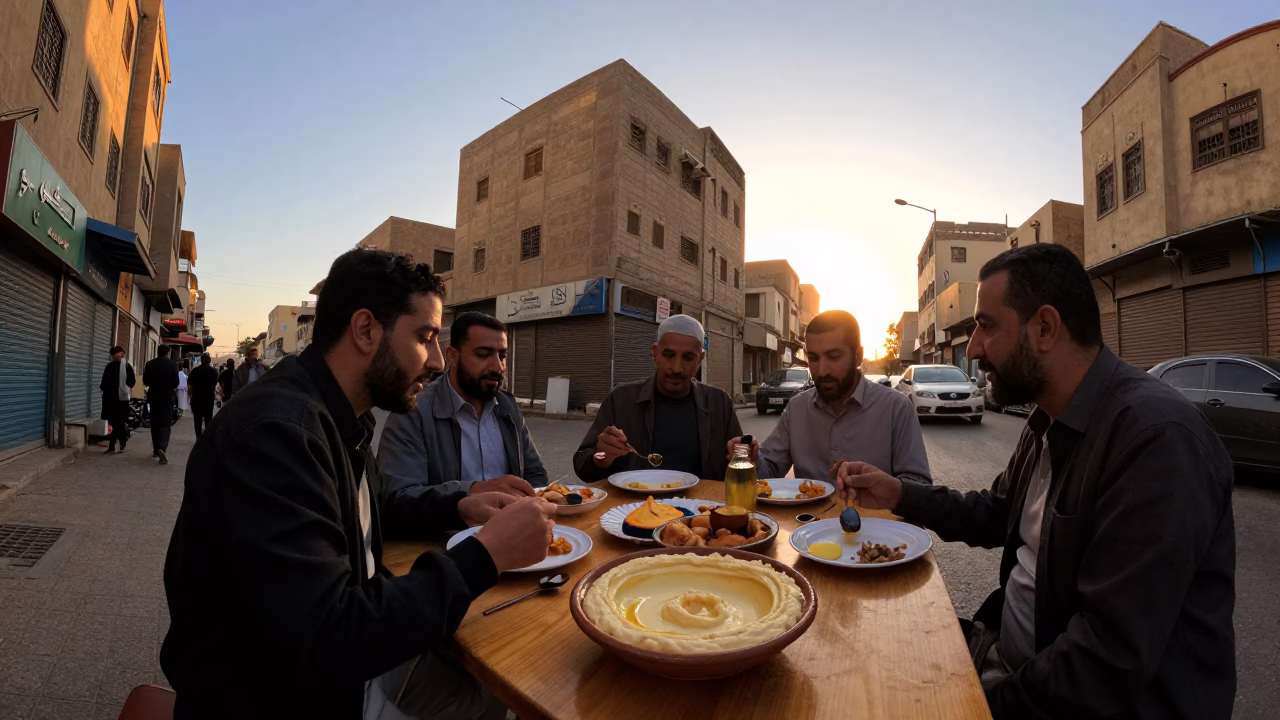 Cairo Egypt Sunset Street Scene with Hummus Spread and Local Dining Interaction in in Cairo, Egypt