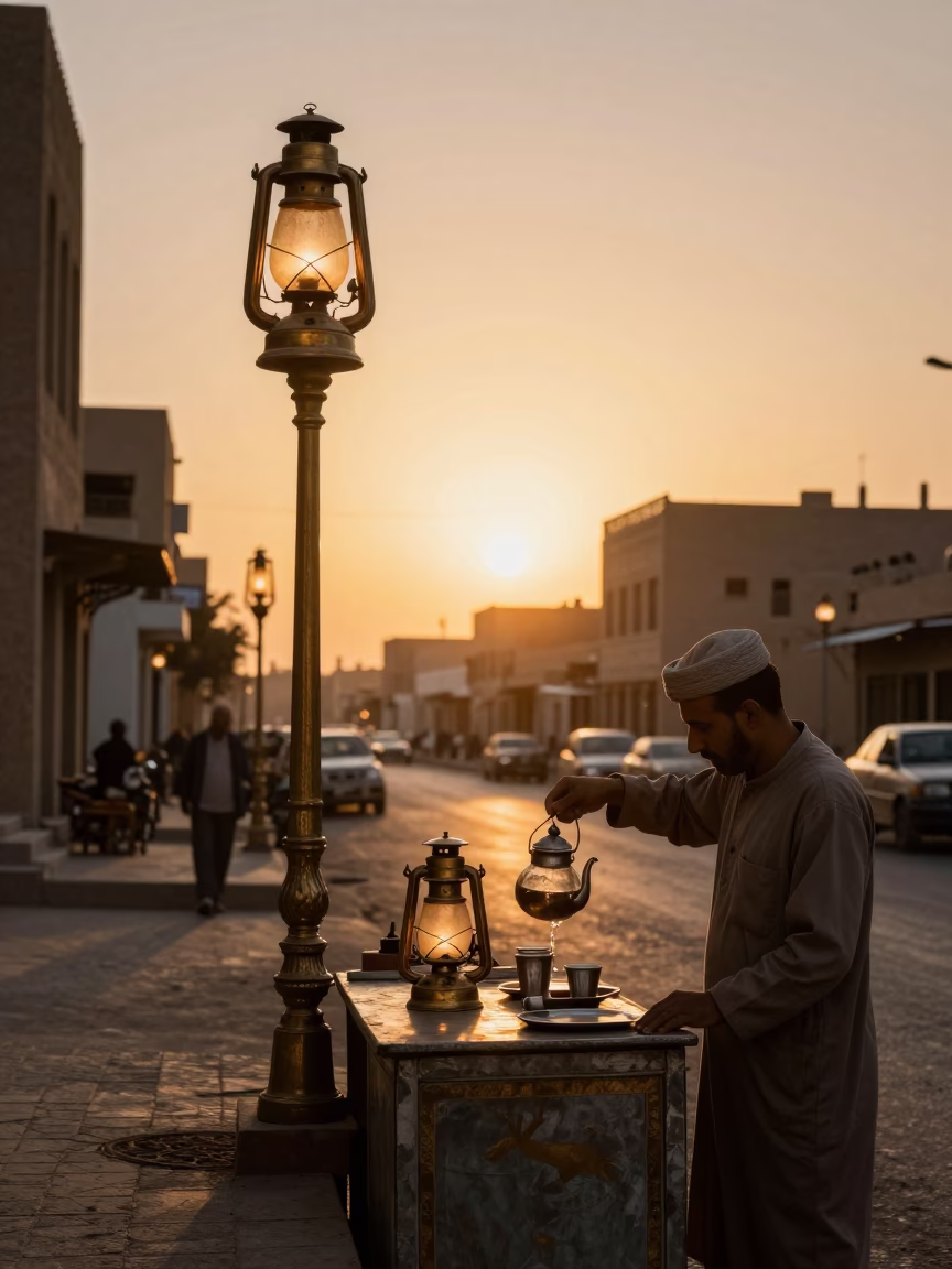 Cairo Egypt Sunset Street Scene with Hurricane Lamp and Traditional Tea Service in in Cairo, Egypt