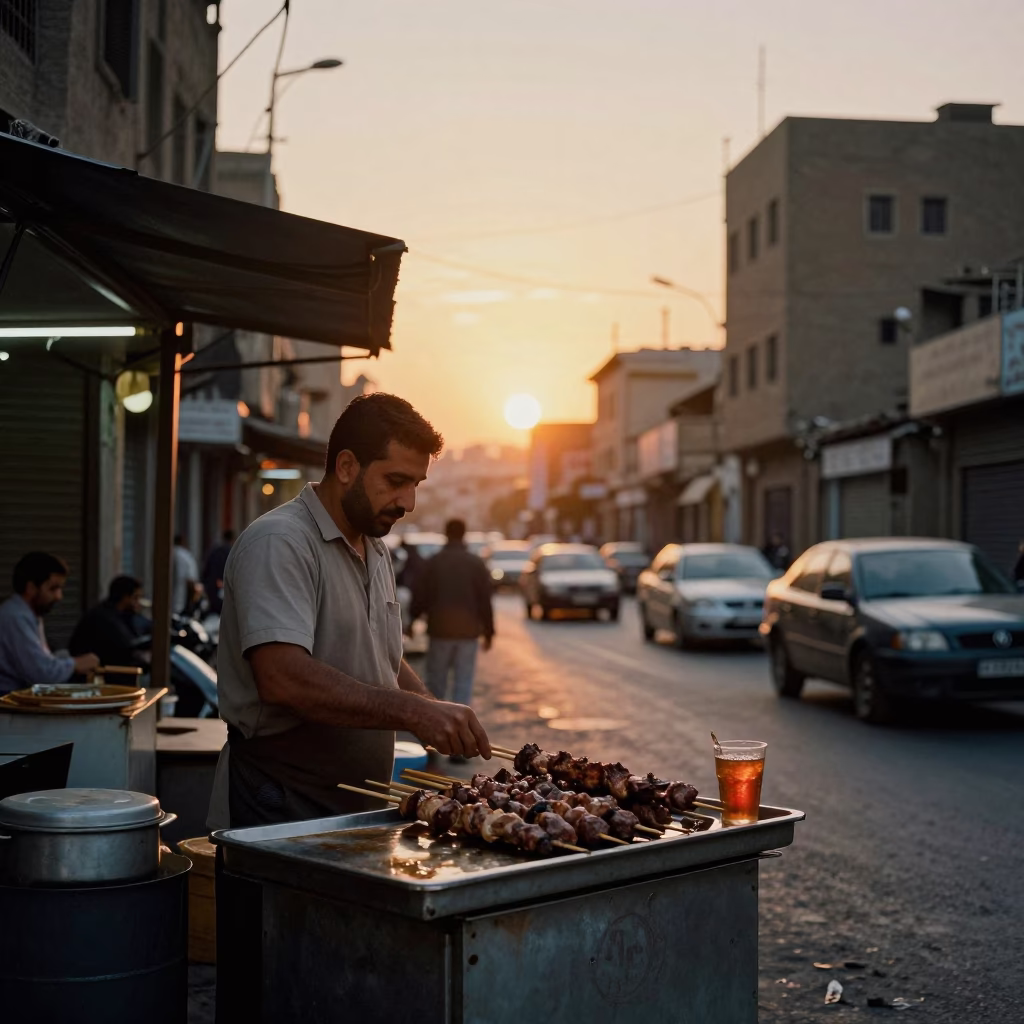 Cairo Egypt Sunset Street Scene with Kebab and Ayran Drink in in Cairo, Egypt