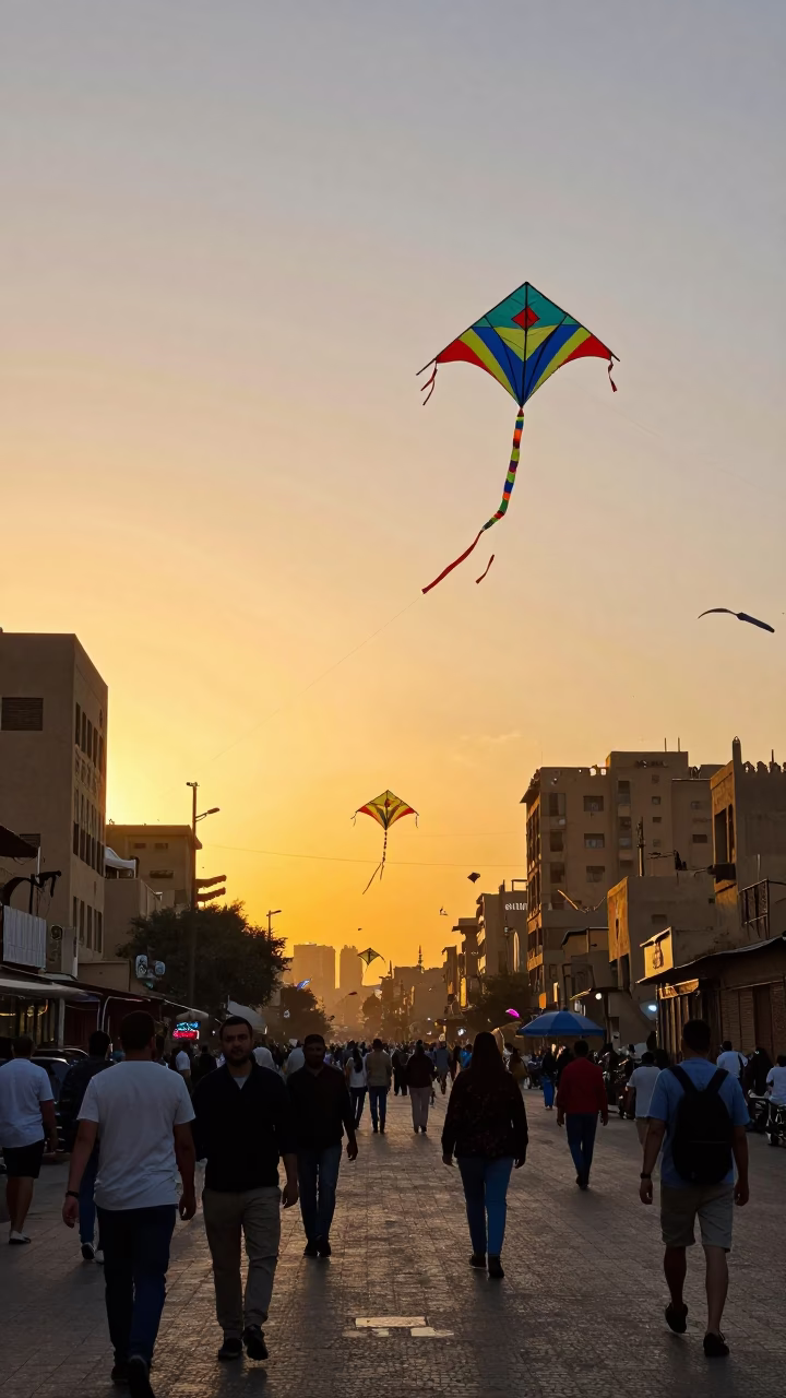 Cairo Egypt Sunset Street Scene with Kite Festival and Diamond Ring in in Cairo, Egypt