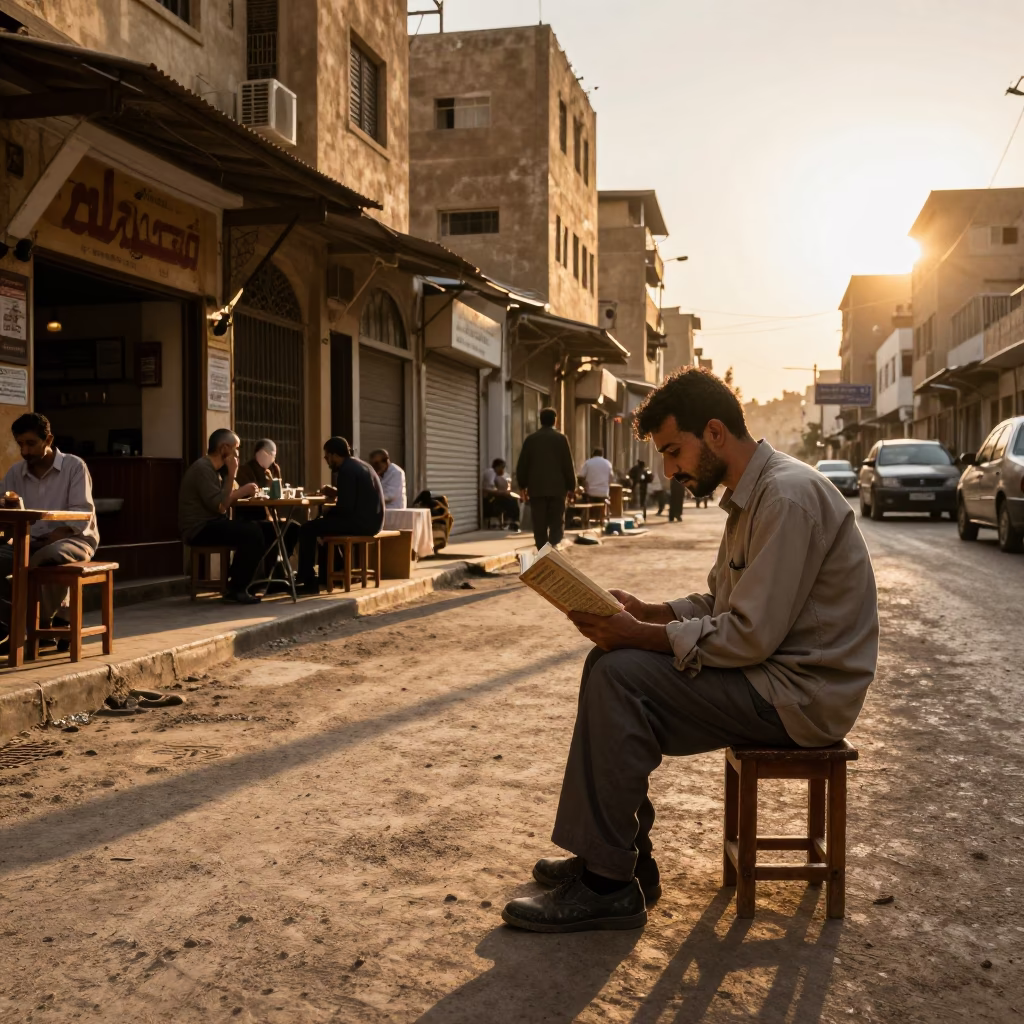 Cairo Egypt Sunset Street Scene with Man Reading Paperback and Pocket Watch in in Cairo, Egypt