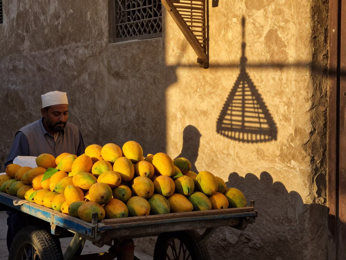 Cairo Egypt Sunset Street Scene with Mangoes and Wicker Shadow in in Cairo, Egypt