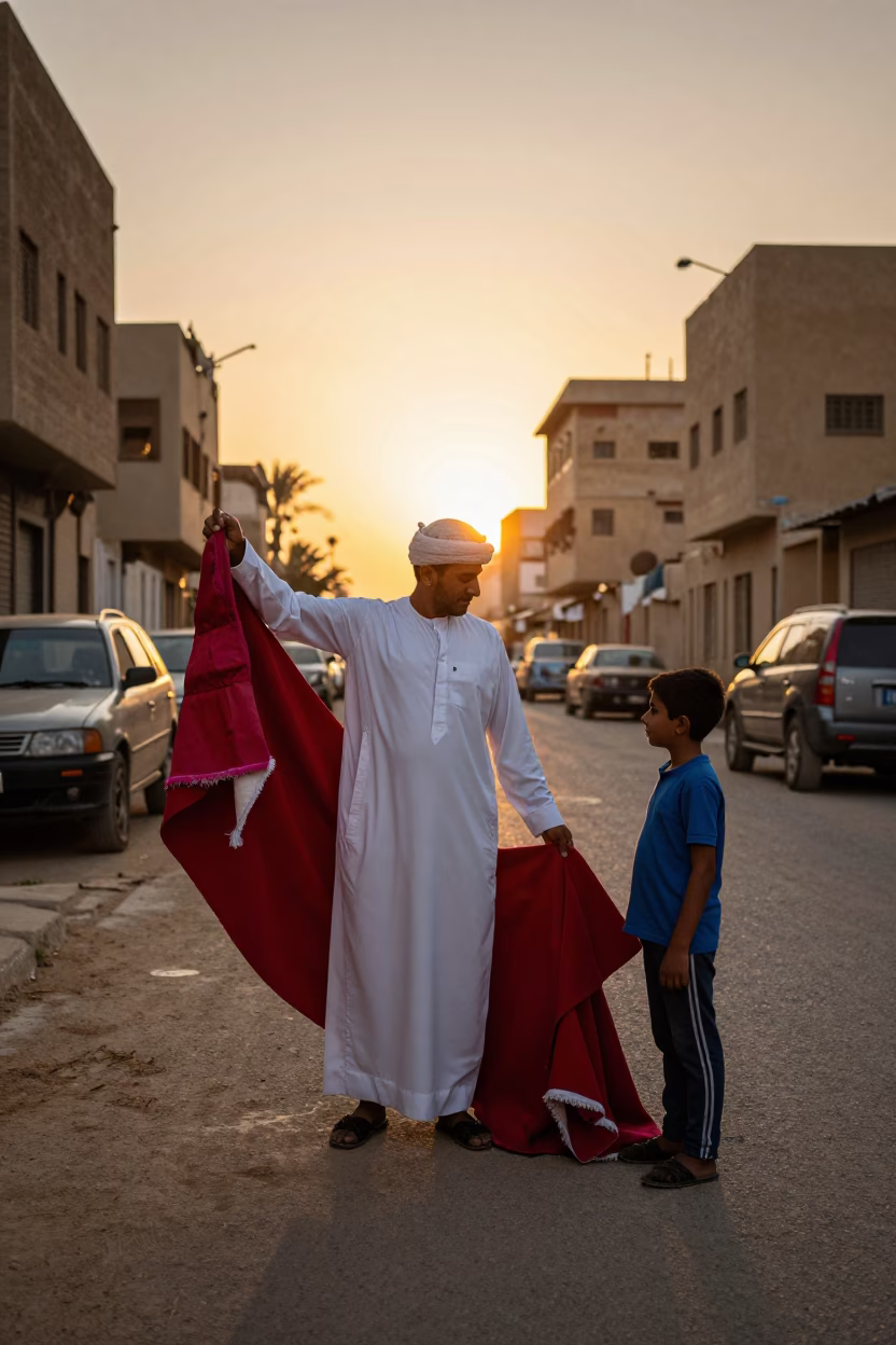 Cairo Egypt Sunset Street Scene with Matador and Local Man in in Cairo, Egypt