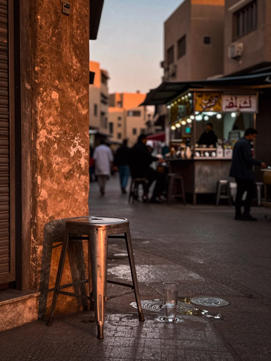 Cairo Egypt Sunset Street Scene with Metal Stool and Water Bottle in in Cairo, Egypt