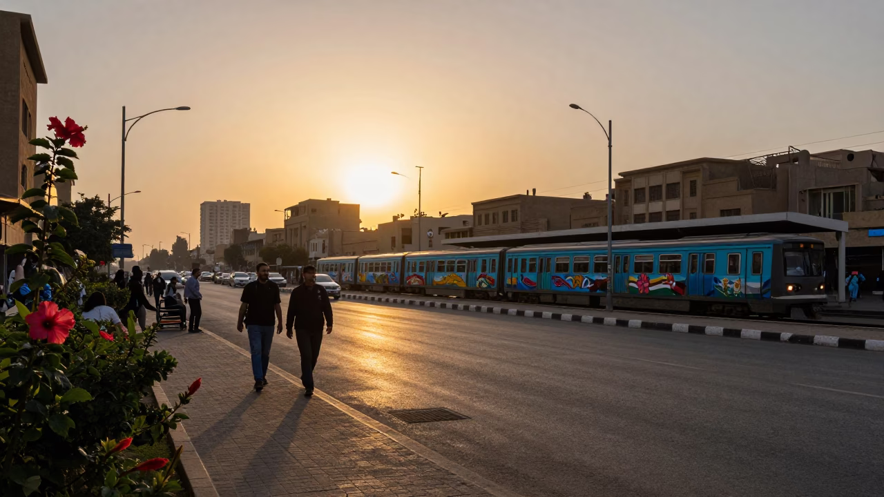 Cairo Egypt Sunset Street Scene with Metro Train and Hibiscus Flower Detail in in Cairo, Egypt