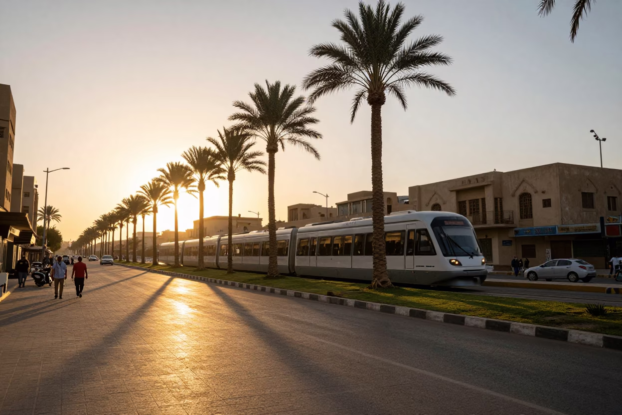 Cairo Egypt Sunset Street Scene with Monorail and Palm Trees in in Cairo, Egypt