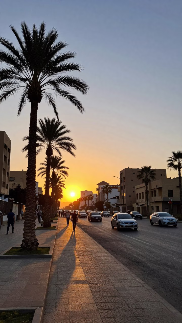 Cairo Egypt Sunset Street Scene with Palm Trees and Evening Activity in in Cairo, Egypt